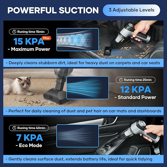 Mini Vacuum Cleaner, 3 in 1 Car Vacuum Cleaner High Power, 15000PA Powerful Suction, Air Duster, 7500mAh, Dual Filter,Adjustable Small Vaccum Portable Cordless for Cars,Desktop,Home - HL137