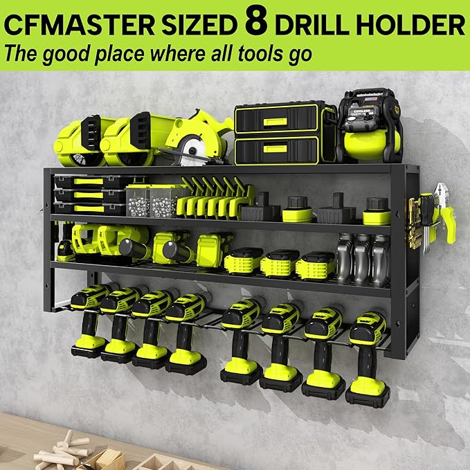 Large Power Tool Organizer Wall Mount,4 Layers 8 Drill Holder Heavy Duty Metal Cordless Tool Storage Loads 420lbs with Screwdriver Holder,Utility Racks for Garage, Workshop, Pegboard, Shed - 32 Inch