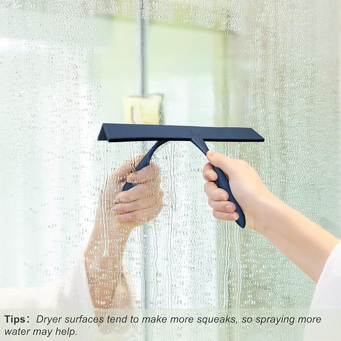 Squeegee for Shower Glass Door, 11-Inch Shower Squeegee for Glass Doors, Bathroom Silicone Squeegees Wiper for Shower with Non-Slip Handle, No-Drilling Silicone Hanging Hook, for Tiles (Dark Blue)