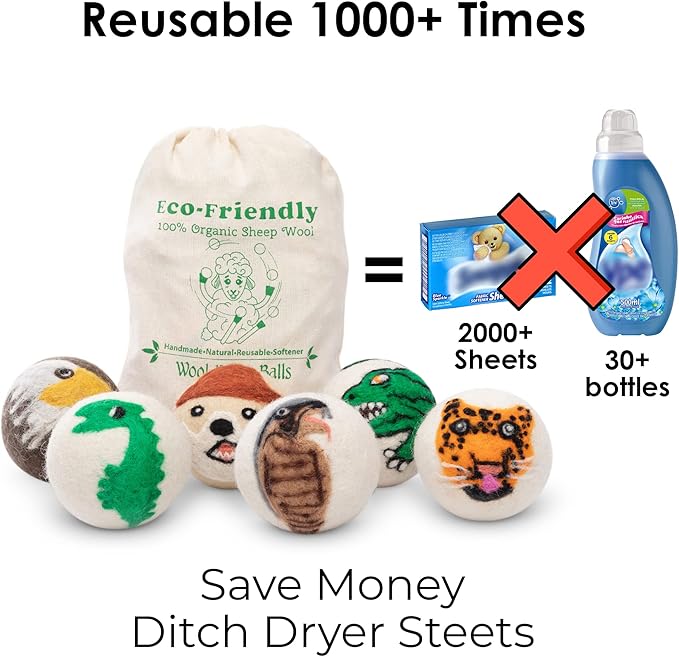Wool Dryer Balls - Dry 1,000 Loads - 6 Pack Eco - Friendly Zero Waste - Organic Handmade in Nepal - Fair Trade by Woolygon