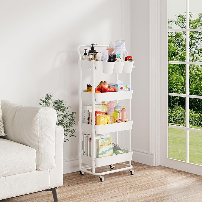 Buzowruil 4-Tier Rolling Utility Cart, Storage Cart with Handle Multi-Purpose and Locking Wheels,with Hanging Basket and Hook for Office, Kitchen, Bathroom,White