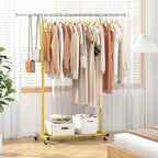JIUYOTREE Rolling Clothes Rack with Shelf Clothing Garment Rack with Wheels Width Adjustable Clothing Organizer for Hanging Clothes Shirts Pants Skirts and Bags Gold
