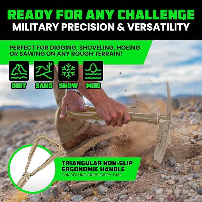 RHINO USA Folding Survival Shovel w/Pick - Heavy Duty Carbon Steel Military Style Entrenching Tool for Off Road, Camping, Gardening, Beach, Digging Dirt, Sand, Mud & Snow - Tan