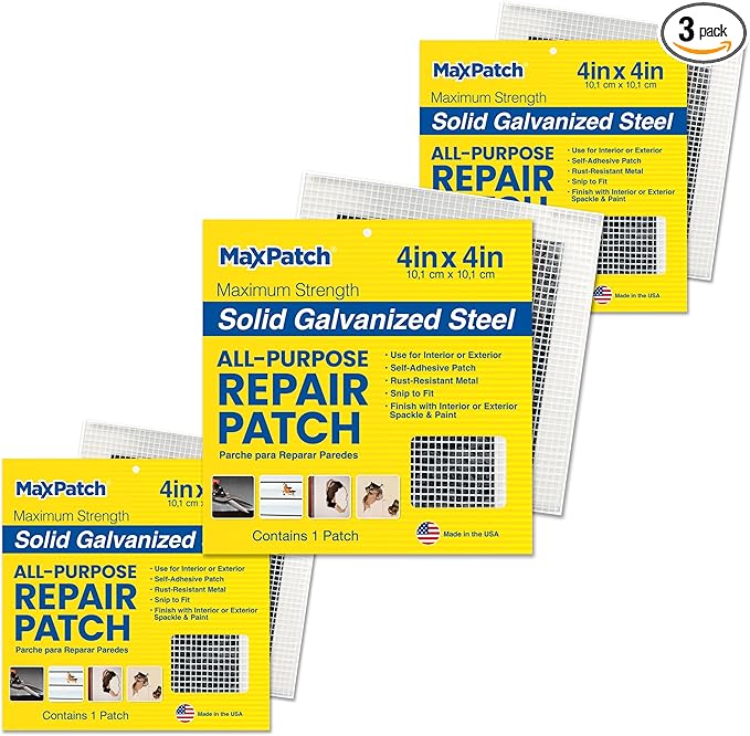 MaxPatch® 4 in. x 4 in. Self-Adhesive Surface Repair Patch, All-Purpose Galvanized Metal for Interior and Exterior Repairs, Ideal for Drywall, Plaster, Wood, Brick, Stucco, and More (3-Pack)