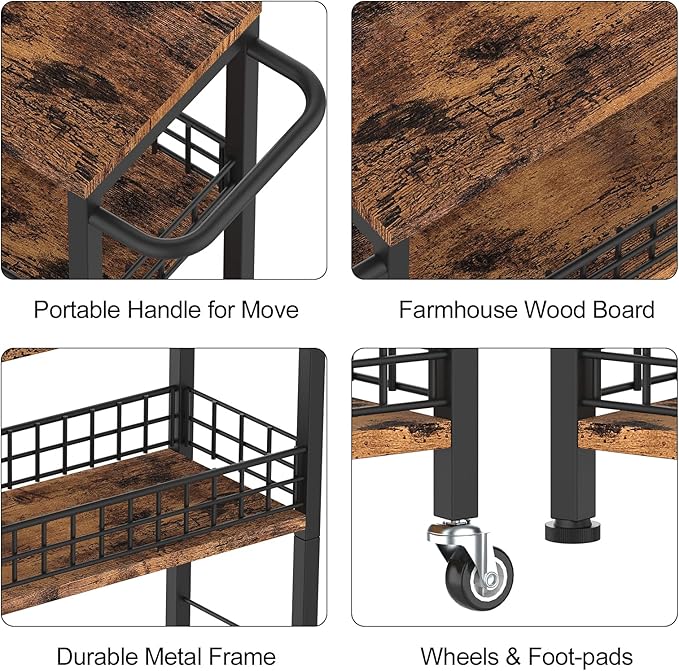Slim Storage Cart Rolling Kitchen Cart with Wheels Narrow Laundry Storage Utility Cart 4 Tier Bathroom Mobile Shelving Unit Organizer with Wood Tabletop Trolly Cart with Handle for Small Spaces, Brown
