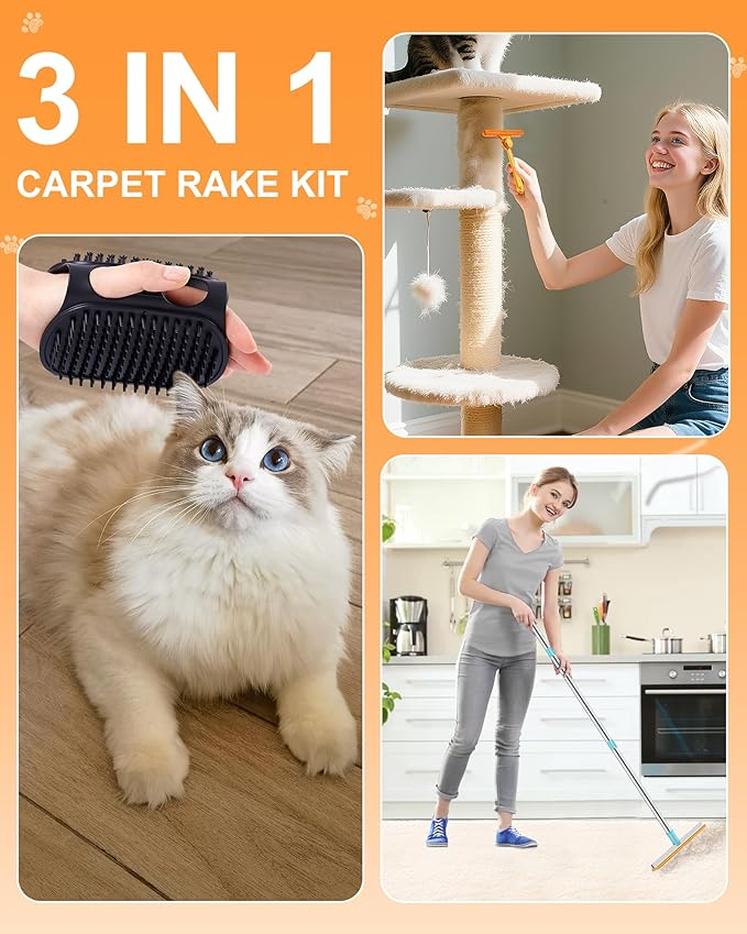 3 in 1 Carpet Rake for Pet Hair Removal Tool, 51” Adjustable Long Handle Pet Hair Removal Broom, Pet Grooming Brush, Cat Dog Hair Remover Carpet Scraper for Rugs, Mats