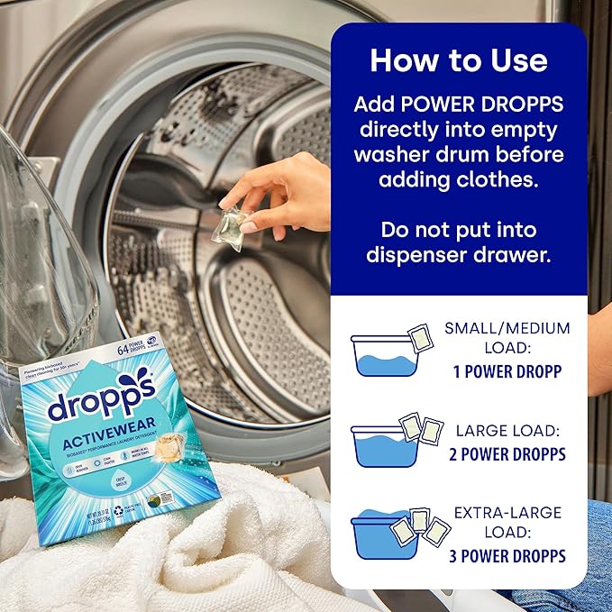 Dropps Activewear Laundry Detergent Pods, Rose Energy (64 Count) - Biobased Power Laundry Pods Fights Tough Stains & Odors, Sweat & Dirt - HE Compatible Laundry Supplies for Clean Sport Clothes