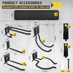 64" Garage Tool Organizer Wall Mount, Garden Tool Organizer, Garages Organizers with Adjustable Hooks, Tool Storage Rack Bearing 440lbs (4 Racks, 12 Hooks, 4 Straps)