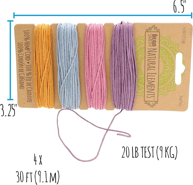 The Beadsmith 100% Hemp Cord – Pastel Colors – 1mm, 30 Foot Spool, 20LB Test Strength – Twine for Jewelry Making, Macrame, Paper Crafts, Gardening, Scrapbooking, Home Décor, DIY String Art & More