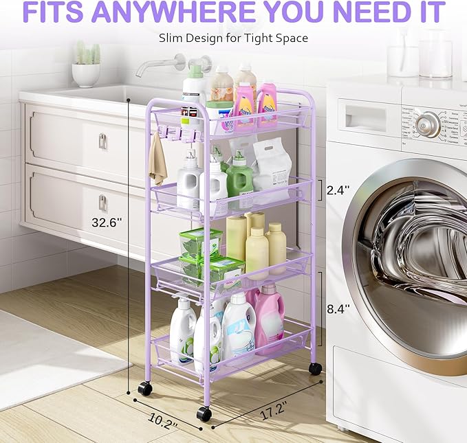 TOOLF 4-Tier Rolling Cart, Metal Utility Cart with 3 Hooks, Easy Assemble Mobile Storage Trolley On Wheels, Metal Shelving Units Kitchen Bathroom Laundry Room