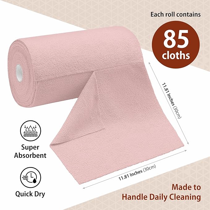 H4N Microfiber Cleaning Cloth Roll, 85 Pack Tear Away Towels, Lint Free, Absorbent, Streak Free, Non-Abrasive, Reusable and Washable Dish Rags for Car and Household Supplies, 11.81x11.81 Inches (Pink)