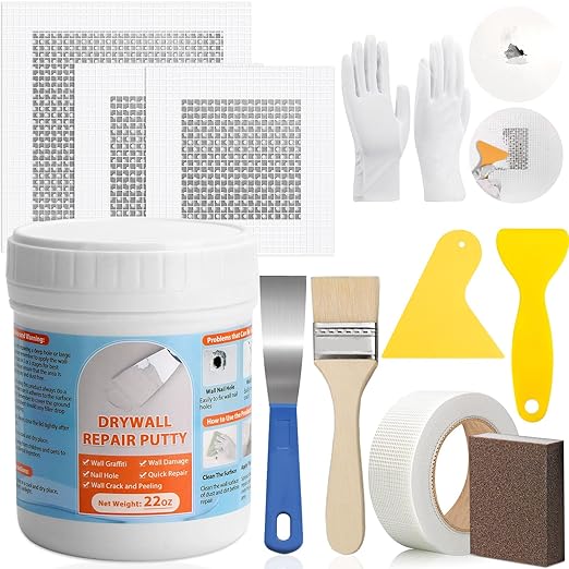 Dry Wall Patch Repair Kit, 22OZ Spackle Wall Repair Paste White Putty with Scraper Mesh Tape, Drywall Hole Repair Patch Kits for Wall Surface Fill Quick & Sheetrock Ceiling Crack Damage Mending
