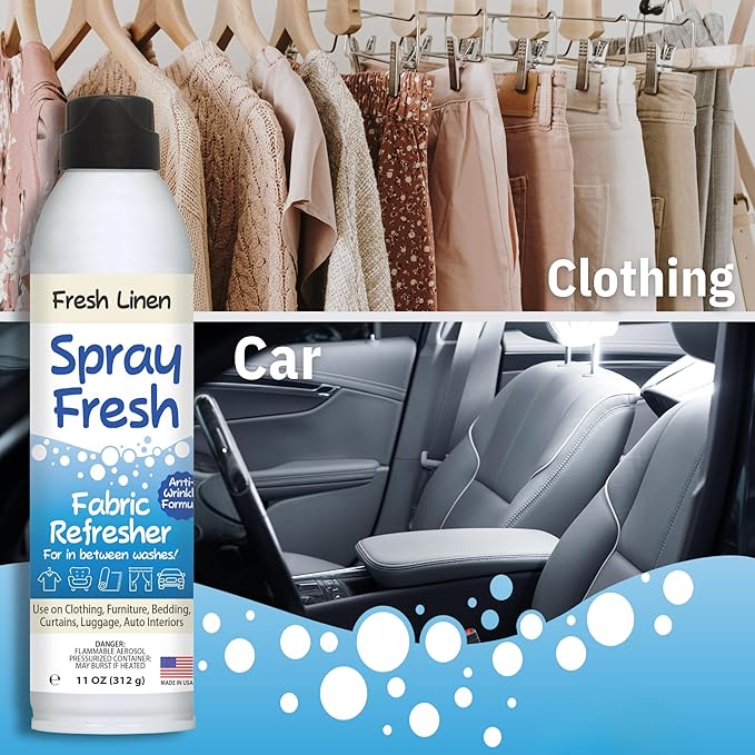Spray Fresh Fabric Refresher - Deodorizer & Freshener for Clothing, Bedding, Furniture & More - Eliminate Smoke Smell & Pesky Odors - Helps Prevent Fabric from Wrinkling (Fresh Linen 3.5oz)