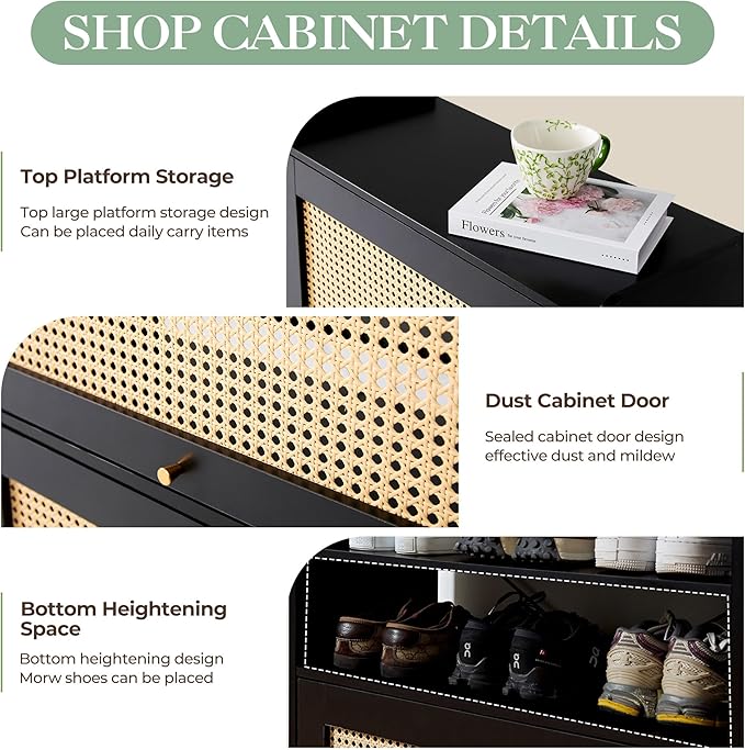 Netsatr Shoe Cabinet with Doors, 5-Tier Shoe Storage Cabinet with Adjustable Shelves, Shoes Rack Organizer Cabinet, Boho Rattan Farmhouse Storage Cabinet for Entryway, Hallway, Front Door, Black