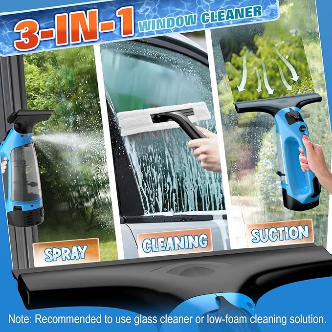 3 in 1 Rechargeable Window Vacuum Squeegee Cordless with 10 inch Blade, Window Cleaner for Efficiently Spraying, Wiping and Vacuuming Windows, Mirrors, Shower Glass, Tiles and Countertops, Blue