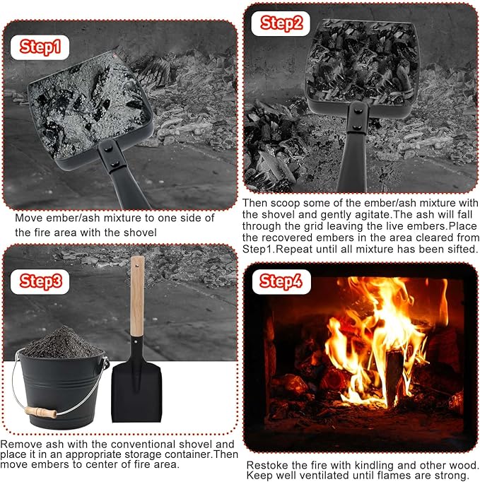 Long Handle Fireplace Ash Sifter, Hollow Out Metal Coal Shovel Adjustable Charcoal Shovel Scoop Heat Resistant Fireplace Tools for Wood Stove Fire Pit Grill (26inch/36inch)