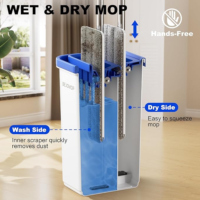 Mop and Bucket Set, Mops for Floor Cleaning with Long Handle, Squeeze Flat Mop and Bucket System, Dry & Wet Dust Mops for Household Floor Cleaning with 3 Microfiber Mops, Slate Blue