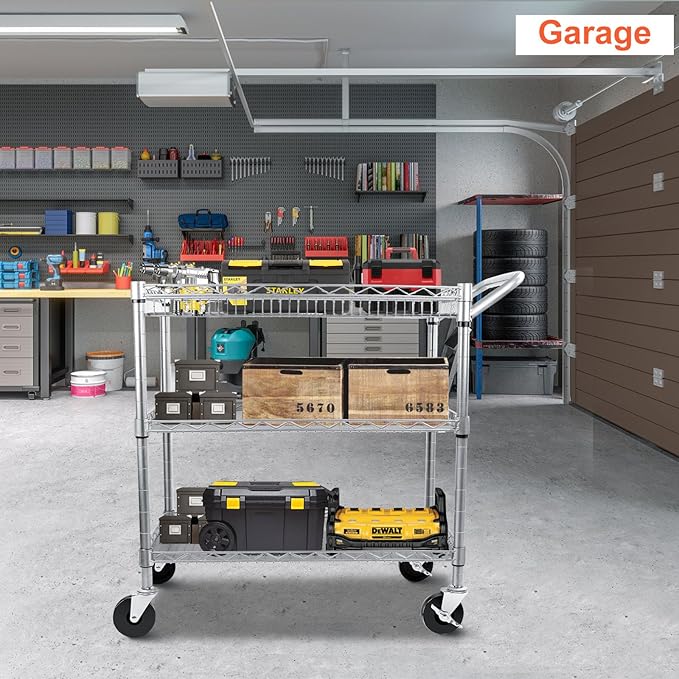Heavy Duty Utility Cart, 990Lbs Capacity 3 Tier Rolling Carts with Wheels, Kitchen Cart on Wheels with Storage, Commercial Grade Metal Serving Carts with Wire Shelving &Handle Bar, Silver