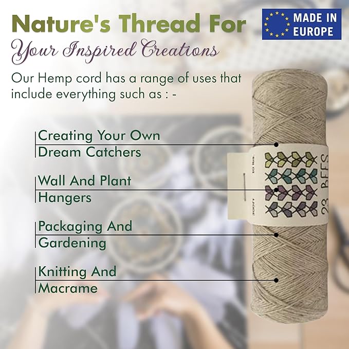 100% Organic Hemp Cord, Twine, String for Jewelry, Beading, Macrame, Crafts, 23 Bees (10 lb.) Natural