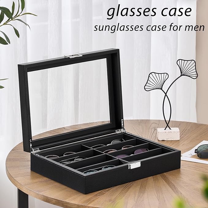 BEWISHOME Sunglasses Organizer, Glasses Organizer, 8-Slot Sunglasses Case for Men, Eyeglasses Storage Box with Clear Glass Top, Smooth PU Leather Interior, Black SSH38C