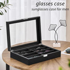 BEWISHOME Sunglasses Organizer, Glasses Organizer, 8-Slot Sunglasses Case for Men, Eyeglasses Storage Box with Clear Glass Top, Smooth PU Leather Interior, Black SSH38C