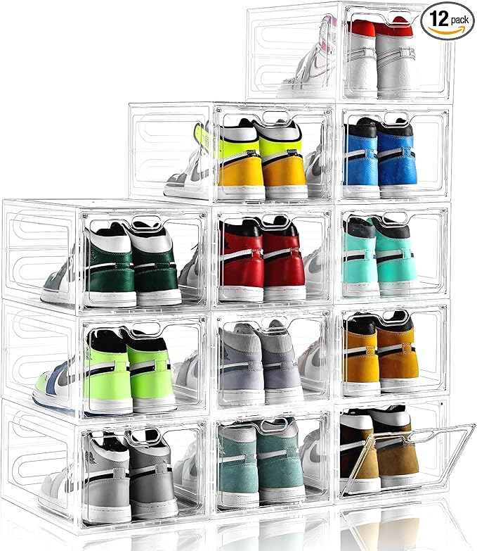 INSTY 12 Pack Large Shoe Storage Box, Clear Shoe Storage Organizer with Magnetic Door, Stackable,Shoe Containers For Display Sneakers, Easy Assembly, Fit up to US Size 12, Clear