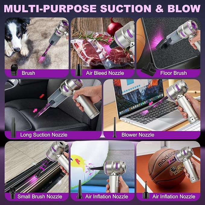 Handheld Car Vacuum Portable Cordless - 18000PA High Power with Brushless Motor, 4-in-1 Air Duster, Blower, Pump & Rechargeable Mini Vacuum for Car, Home, Office (Silver Grey+Purple)