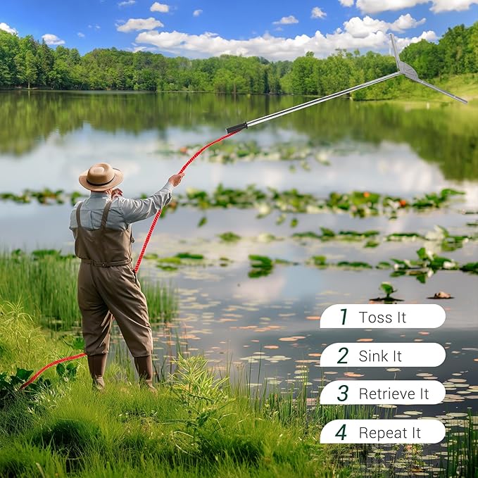 Lake Weed Cutter, 37" Lake Rake Aquatic Pond Plant Cutting Tool，Pond Rake with 3 Adjustable Cutting Angles, 30ft Thicker Rope, Sharp Blades Shear Cattail, Reed, Phragmites Lilly & Chara Algae