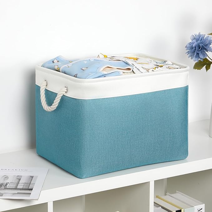 Bidtakay Large Storage Baskets for Shelves 3 Pack 16x11.8x11.8 Inch Storage Bins for Organizing Fabric Storage Cubes for Closet Clothes Basket Laundry-White&Teal