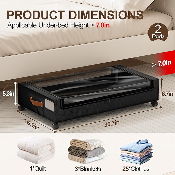 LAMU Under Bed Storage with Wheels, 2 Pack Under Bed Storage Containers with Clear Lid, XXL 60L Underbed Storage Bins, Rolling Under Bed Metal Drawers for Clothes, Blankets, Shoes, Black