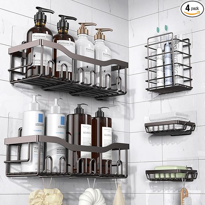 5-Pack Rustproof Stainless Steel Shower Caddy – No Drill Adhesive Bathroom Organizer with Large Capacity, Spacious Shower Shelves for Inside Shower, Kitchen & Home Decor Storage-XL Size