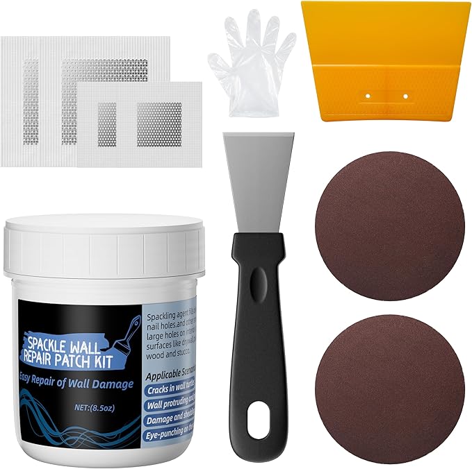 Oriflame Drywall Repair Kit: 8.5 Ounce Spackle Wall Repair with Patch/Scraper/Sandpaper/Gloves - White Wall Putty for Nail Holes/Cracks/Dents/Stains/Peeled Wall