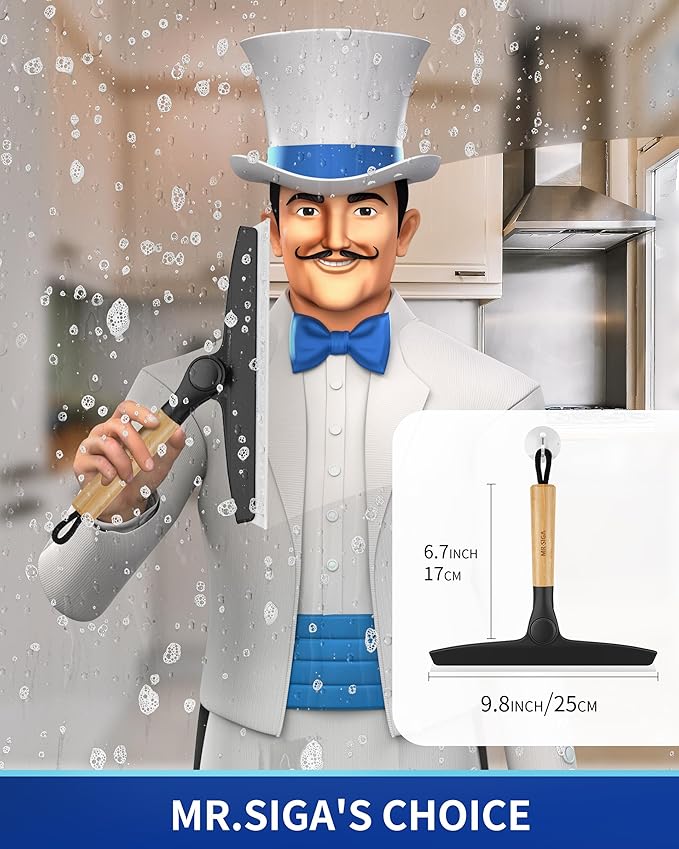 MR.SIGA All Purpose Silicone Squeegee for Shower Door, Mirror, Glass, Streak Free Shower Squeegee, Pivoting Bamboo Handle, Includes 1 Suction Hook, 10 inch Wide, Black, 1 Pack