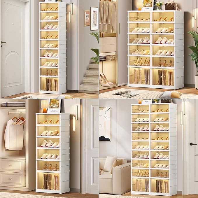 9-Tier Foldable Shoe Rack Organizer for Closet,36Pairs Collapsible Plastic Shoe Shelf,Large Shoes Cabinet with Door,Clear Stackable Storage Box Easy Assembly