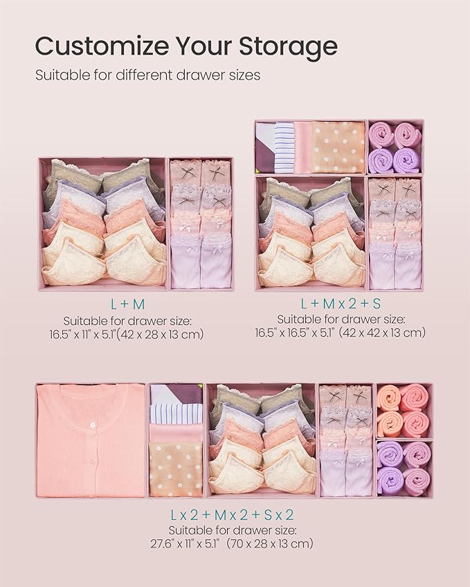 SONGMICS Drawer Organizers, Dresser Divider Organizers, Set of 12, Foldable Fabric Storage Boxes for Socks, Underwear, Bras, Ties, Scarves, Jelly Pink URDZ006R01