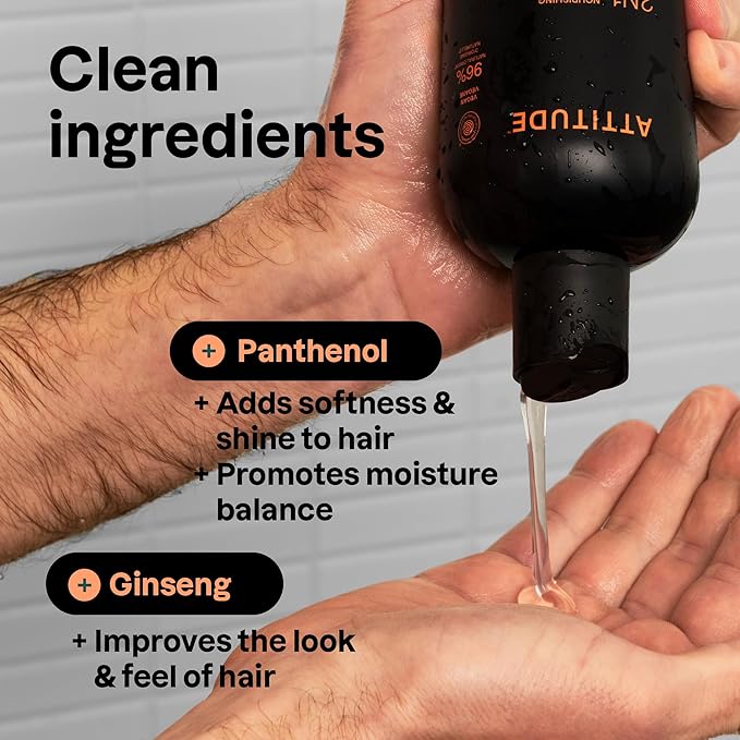 ATTITUDE Men's Shampoo and Conditioner 2-in-1, Nourishing For Dry Hair and Scalp, With Panthenol and Ginseng, 97% Natural Origin Ingredients, EWG Verified, Patchouli & Bourbon, 14 Fl Oz (Pack of 3)