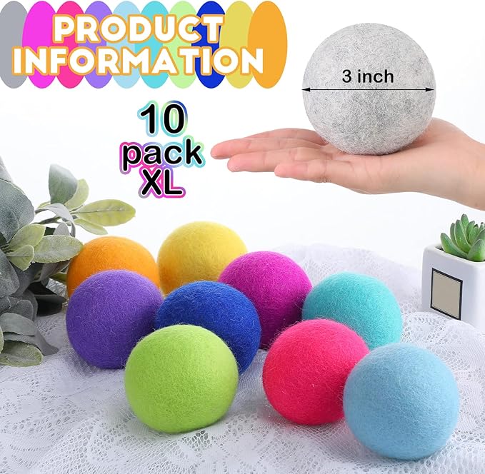 10 Pack Wool Dryer Balls XL 3 Inch Reusable Laundry Natural No Lint Fabric Softener Replaces Dryer Sheets Wool Balls for Reduce Wrinkles Save Drying Time