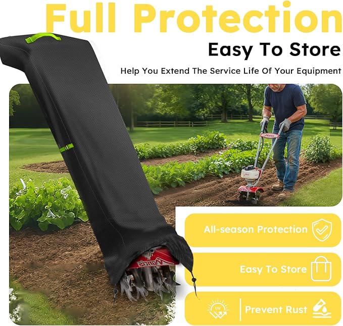 Tiller Cover, Rototiller Covers, 420D Silver-Coated Waterproof Fabric, Adjustable Drawstring Hem, Green Handle & Rear Waist Band – Fits Most Tillers (Black, Cordless Tiller Cover)