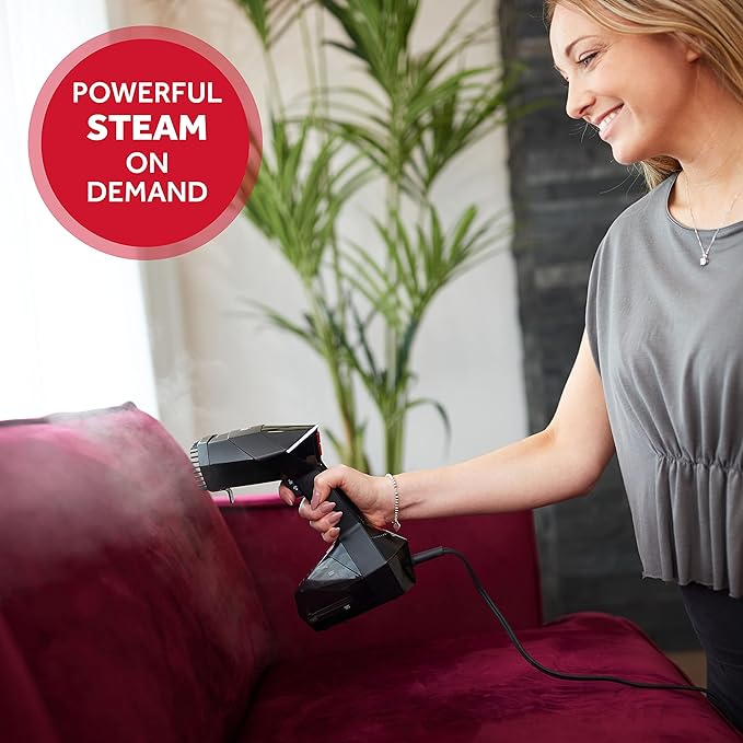 Sunbeam Professional 1575W Handheld Steamer for Clothes, Variable Temperature Control, 25-Second Fast Heat-Up, Bristle Brush, Delicate Fabric Attachment, Black and Red Finish