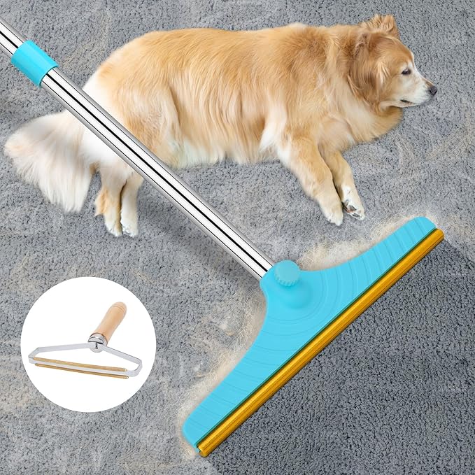 Carpet Rake for Pet Hair Removal - Reusable Pet Hair Remover, 60” Adjustable Long Handle Cat Dog Carpet Rake Scraper with Patented Design, Dog Hair Rake Brush for Rugs, Mats, Couch