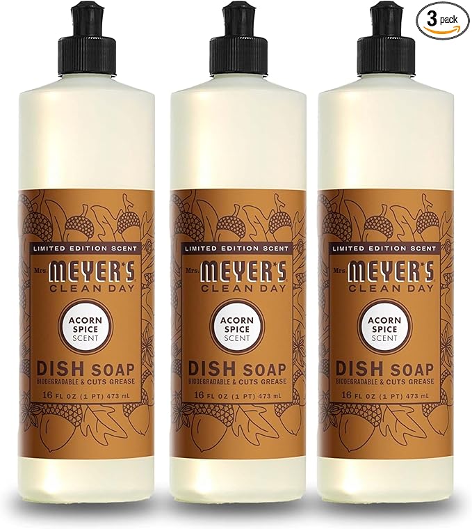 MRS. MEYER'S CLEAN DAY Liquid Dish Soap, Biodegradable Formula, Limited Edition Acorn Spice, 16 fl. oz - Pack of 3