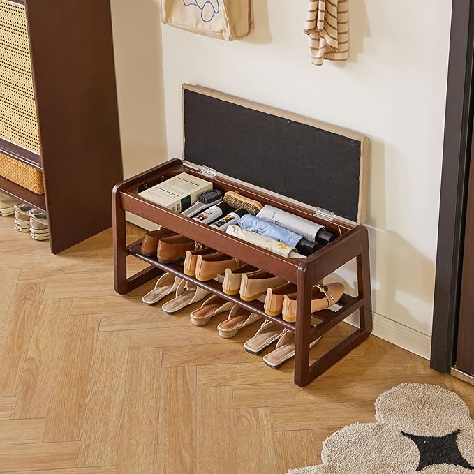 Solid Wood Shoe Bench with Cushion, 2 Tiers Wood Shoe Bench with Flip-Top Storage, 31.5in Shoe Rack for Entryway, Hallway, Walnut Color YD-WD061B