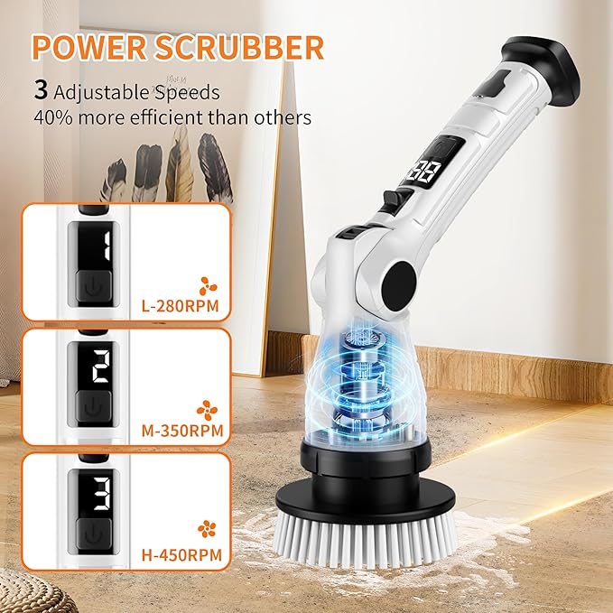 Electric Spin Scrubber, Power Electric Scrubber for Cleaning, Shower Cordless Cleaning Brush with 6 Adjustable Angles,8 Brush Heads, 3 Speed Mode, Electric Cleaning Brush for Bathroom/Tub/Floor/Tile