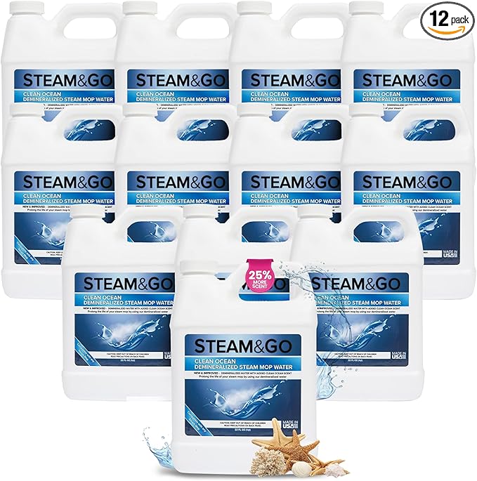 Steam & Go Demineralized Water - Multi-Surface Cleaner, PVC-Free Ready-to-Use for Mops & Floor Steamers - Ideal for Kitchen, Bathroom, & Home Surfaces - Clean Ocean Scent - 32oz (Pack of 12)