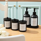 Yaomiao 5 Pack Bathroom Accessories Set, Modern Bathroom Decor Sets, Glass Liquid Soap Dispenser, Vanity Tray, Toothbrush Holder, Cotton Swab Jars with Lids for Sink Countertop(Black,Frosted)