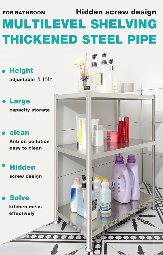 susunnus Stainless Steel Shelves 23.6in-3 Tier, Stainless Steel Shelf Organizer, Kitchen Storage Shelves, Artistic Texture, Pragmatic& Sturdy & Waterproof