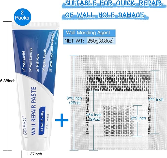 Wall Repair Paste kit, Spackle Drywall Repair kit, Wall Mending Agent 250 g*2, Wall Repair Patch-4Pcs and Scraper/Sandpaper, Effective Repair of Scratches, Nail Holes, Cracks and Wall Graffiti