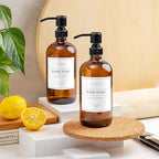 Vine Creations Amber Glass Soap Dispenser, 2 Pack Kitchen Soap Dispenser Set with Stainless Steel Pump, 16 oz Dish Soap and Hand Soap Dispensers for Bathroom with Waterproof Labels