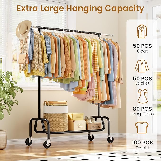Clothes Rack with Wheels, Rolling Clothing Rack with Shelf, Heavy Duty Clothes Racks for Hanging Clothes, Metal Standing Garment Racks, Black