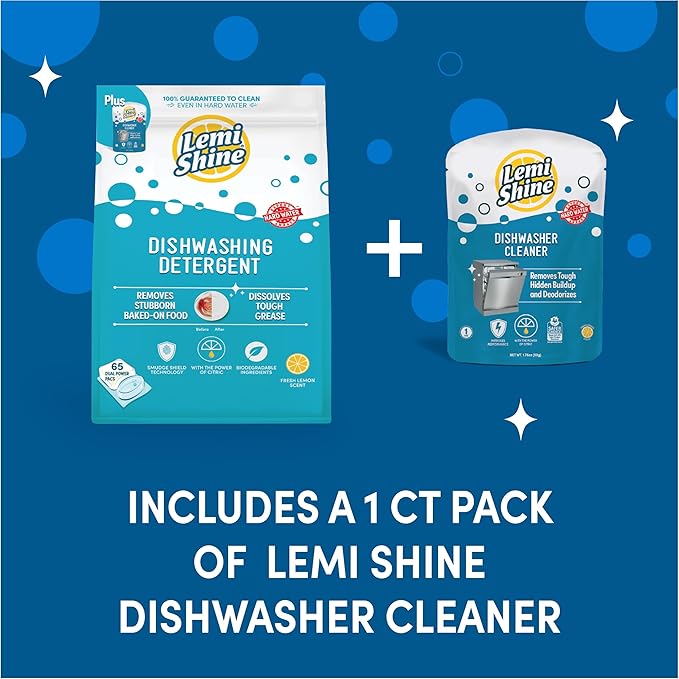 Lemi Shine Natural Dishwasher Detergent Pods + Dishwasher Cleaner 1 ct | All-In-One Powder & Gel Pods with Powerful Citric Acid | Eco Friendly Dish Wash Cleaning Supplies - 65 Count